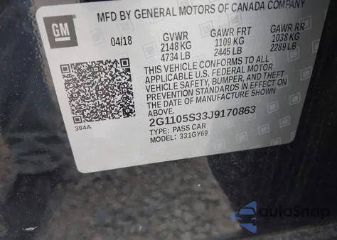 2018 Chevrolet Impala 1Lt z USA, uszkodzony, nr VIN 2G1105S33J9170863